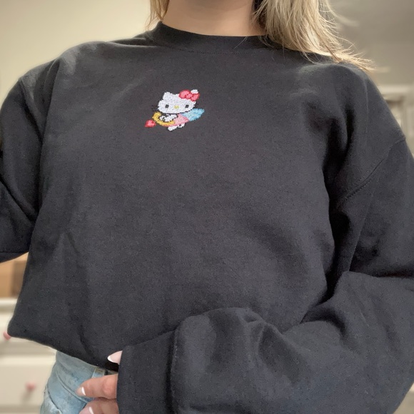 Hello Kitty Angel Hand Embroidered Cross Stitch Crewneck Sweatshirt - Picture 2 of 5